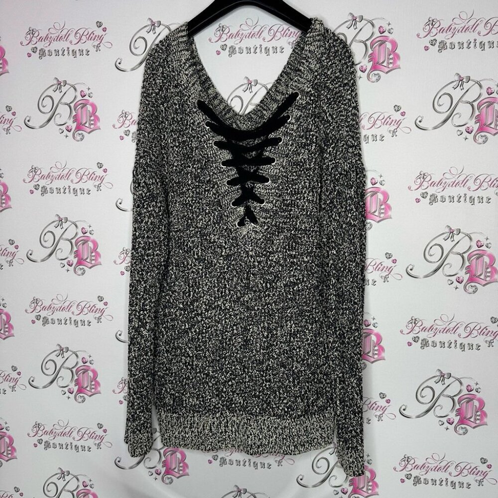 Love & legend sweater corset lace up black lace detail black and cream grey knit